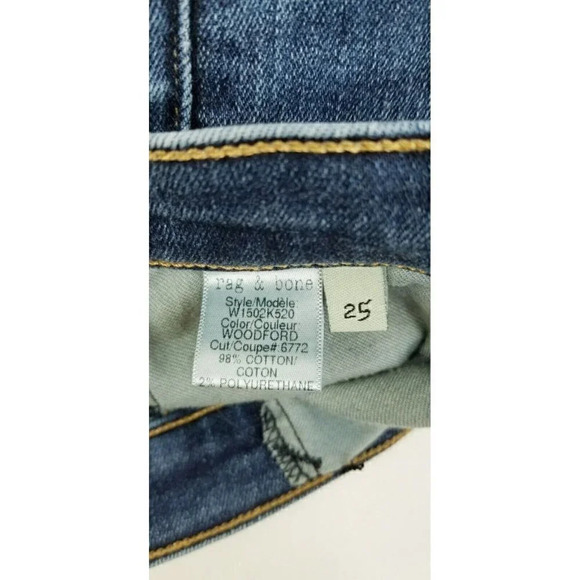 Rag & Bone 25X29 Women Skinny Embroidered Logo Blue Denim Woodford Jeans Raw Hem - Picture 7 of 14